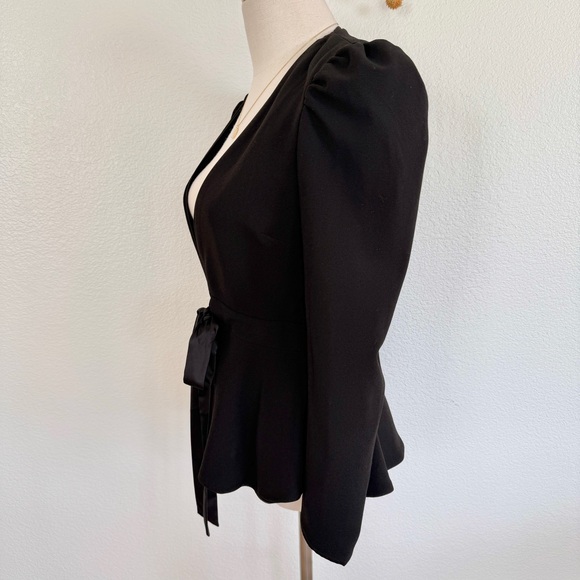 🌟 Bebe Black Stretch Tie-Front Puff-Shoulder Fitted Peplum Blazer - Picture 6 of 15